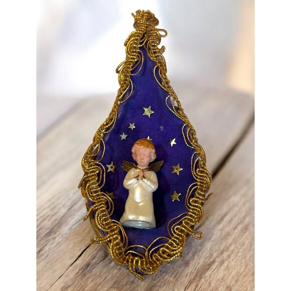 Vintage Handmade Milkweed Angel Ornament Purple & Gold Teardrop Design With Star - Picture 1 of 6